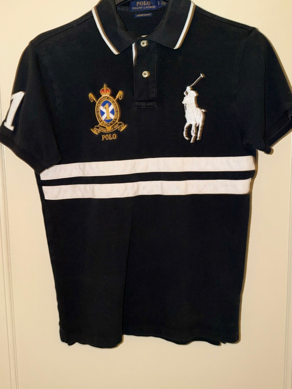 Ralph Lauren Polo Black & White Striped Crest Polo Shirt Big Pony Size Small